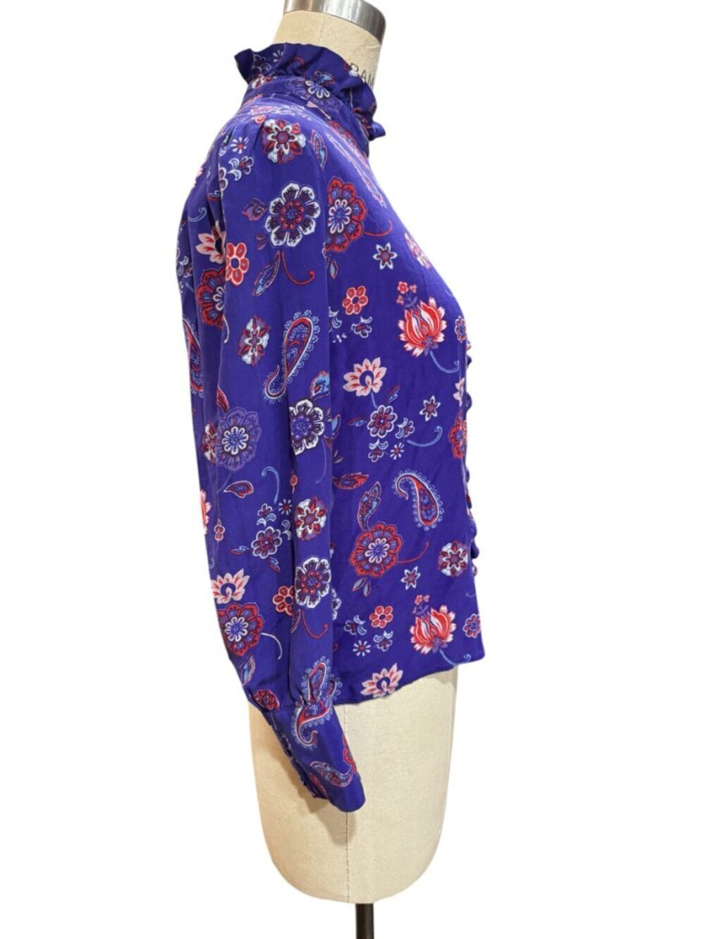 Claudie Pierlot Silk Floral Blouse Ruffle Neck Size 38 Blue Red Paisley - Picture 6 of 9